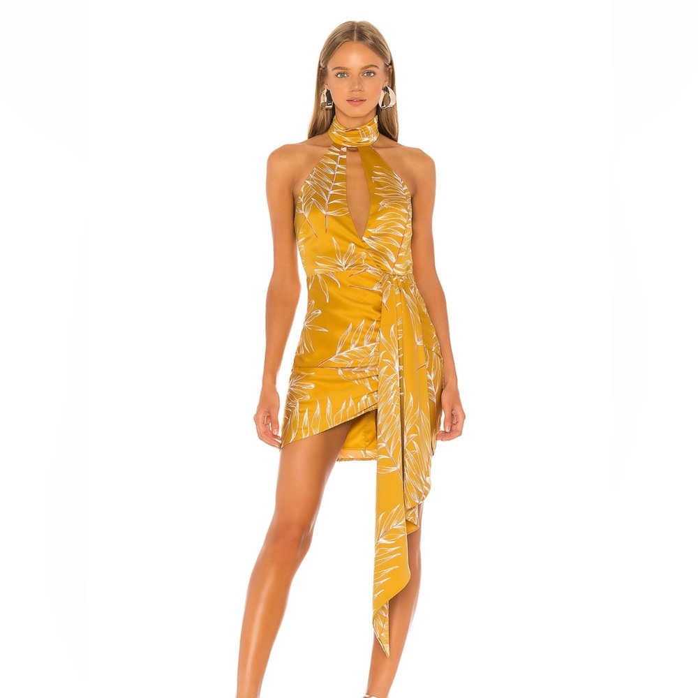 Revolve Camila Coelho Antonia Mini Dress in Gold Tropical
